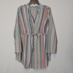 BLUSH; White Multi-Color Stripe Drawstring Waist Tunic; Roll-Tab Sleeve; Size 2X